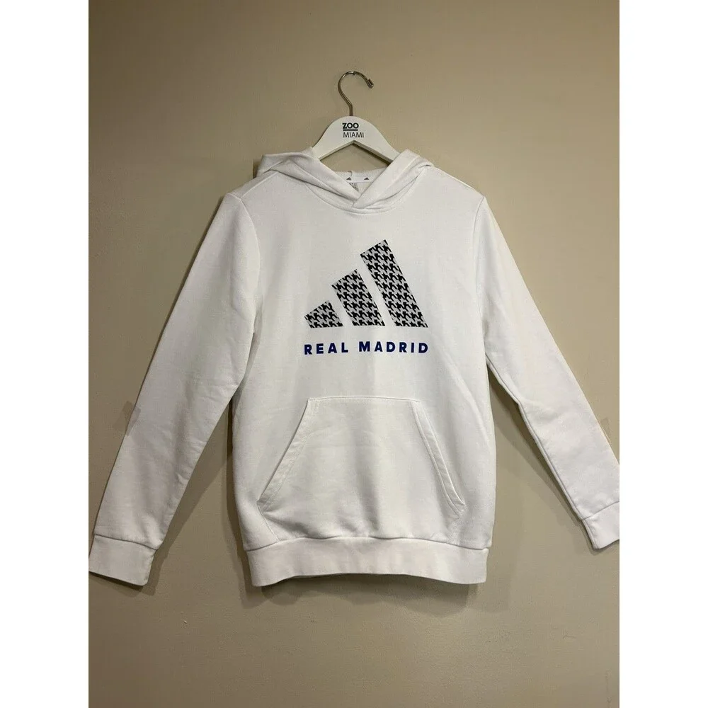 Real Madrid Adidas Youth Large DNA Athletic Pullover Hoodie White French Terry